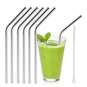 6pcs Stainless Steel Drinking Straws Reusable Curved Straws with 1 Cleaner